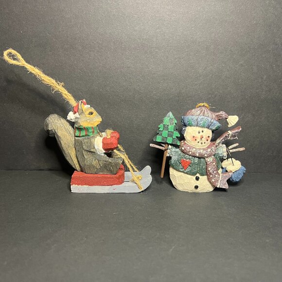 Lot of 2 Crate & Barrel Wooden Squirrel & Kirkland Snowman Christmas Ornaments - Picture 1 of 7